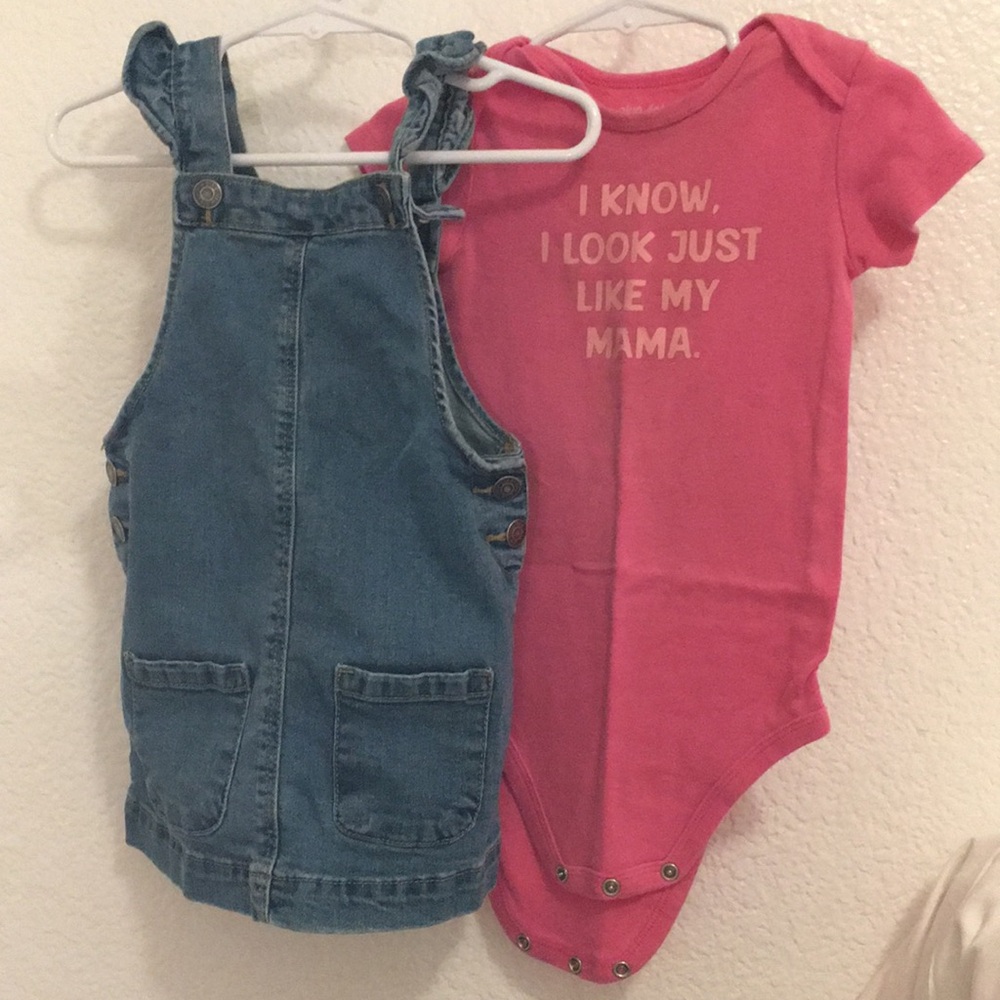 Okie Dokie / Denim Overall-Like Dress & Hot Pink Onesie/ Set / Girl/ 24M